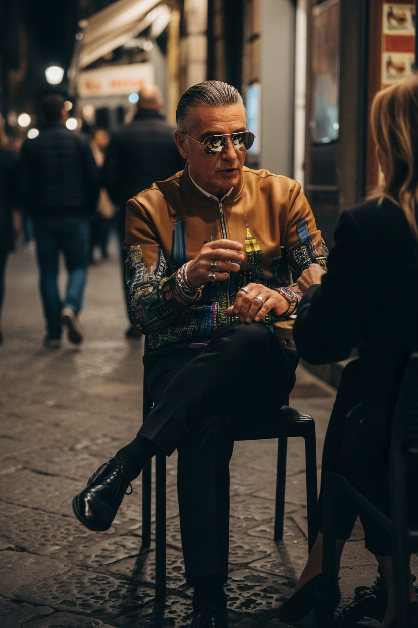 Man wearing a brown Loria NYC Art jacket sitting at a table on a street at night.