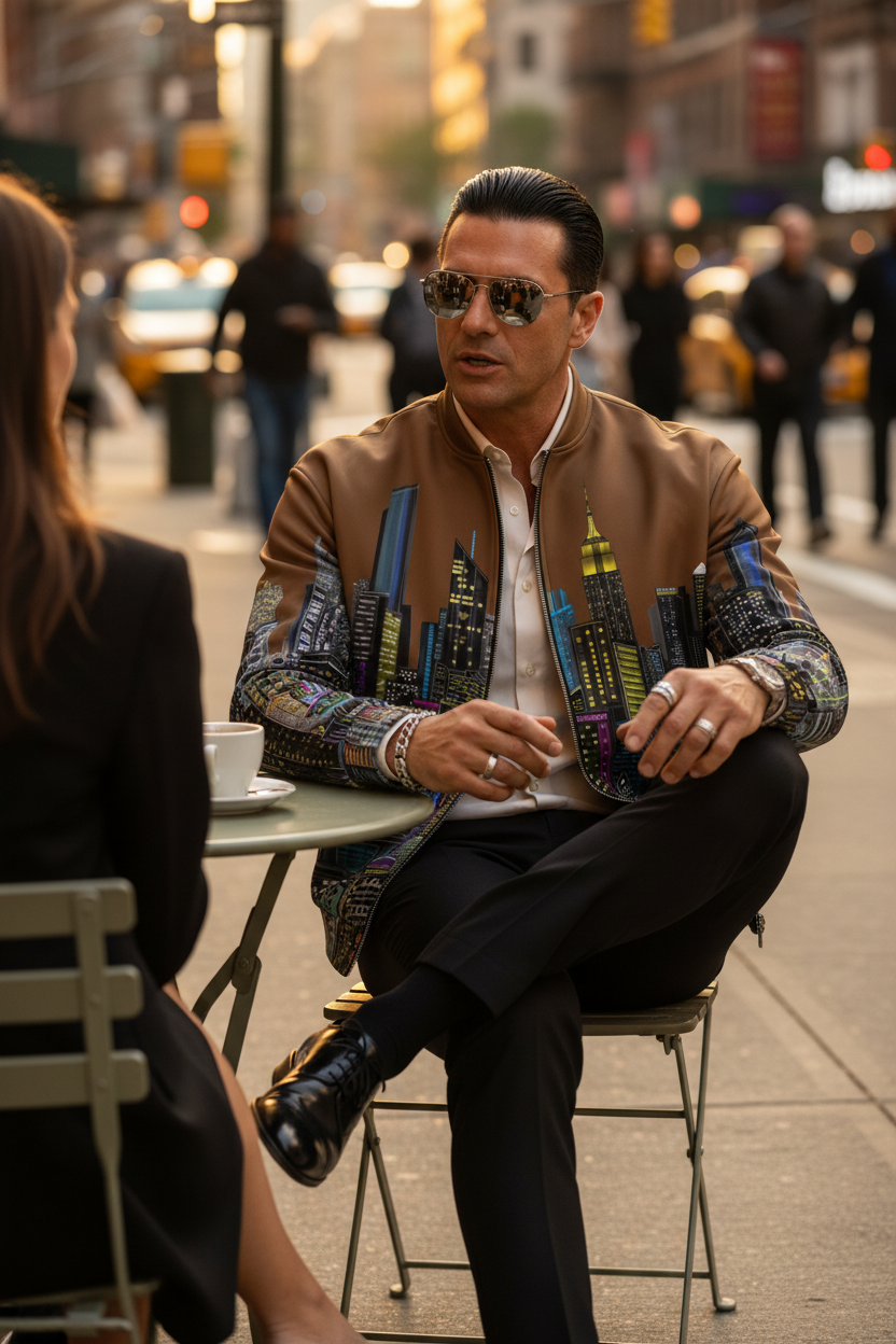 Man wearing a brown Loria NYC Art jacket sitting at a table talking with another person.