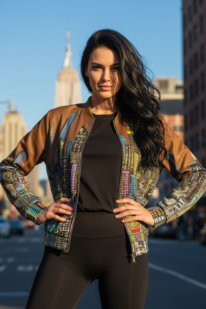 Woman wearing a Loria NYC Art colorful jacket with a cityscape background