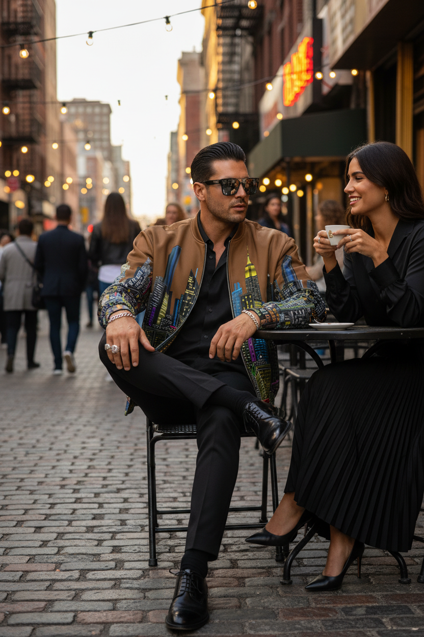 Man wearing a brown Loria NYC Art jacket sitting at a table with a friend enjoying each other's company.