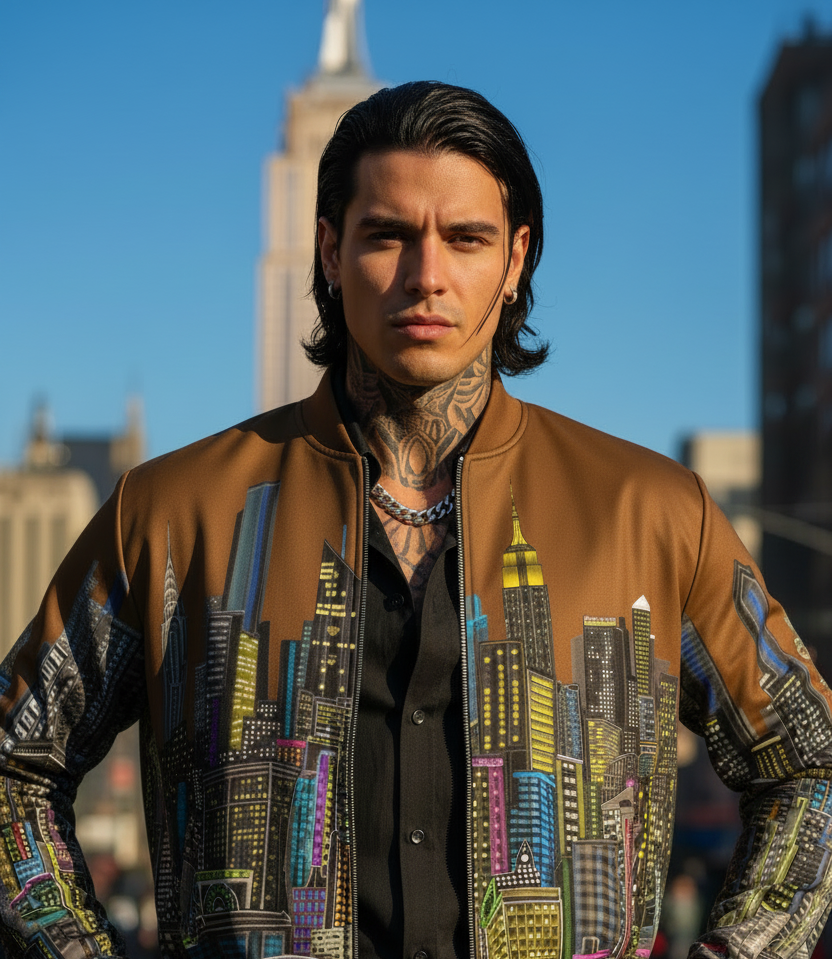 Man wearing a brown Loria NYC Art jacket in an urban setting 