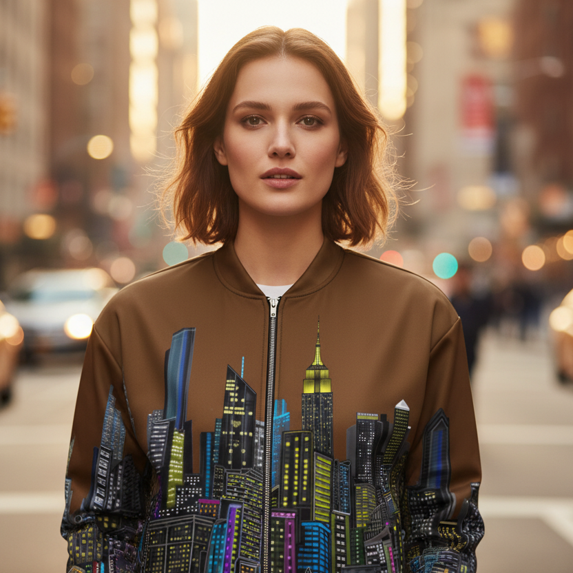 Woman wearing a brown jacket designed by Loria NYC Art with cityscape design on a busy street