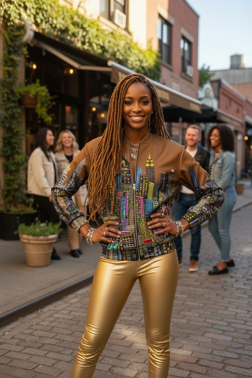 Woman in a colorful Loria NYC Art Jacket and gold pants standing on a street with people in the background