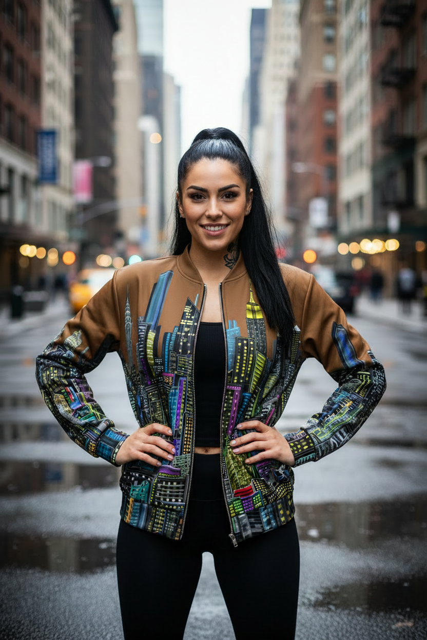 Woman wearing a colorful Loria NYC Art jacket on a city street