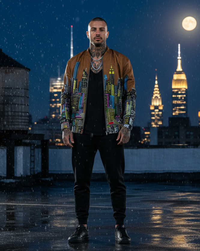 Man posing on a roof wearing a brown city skyline brown jacket designed by Loria NYC  Art