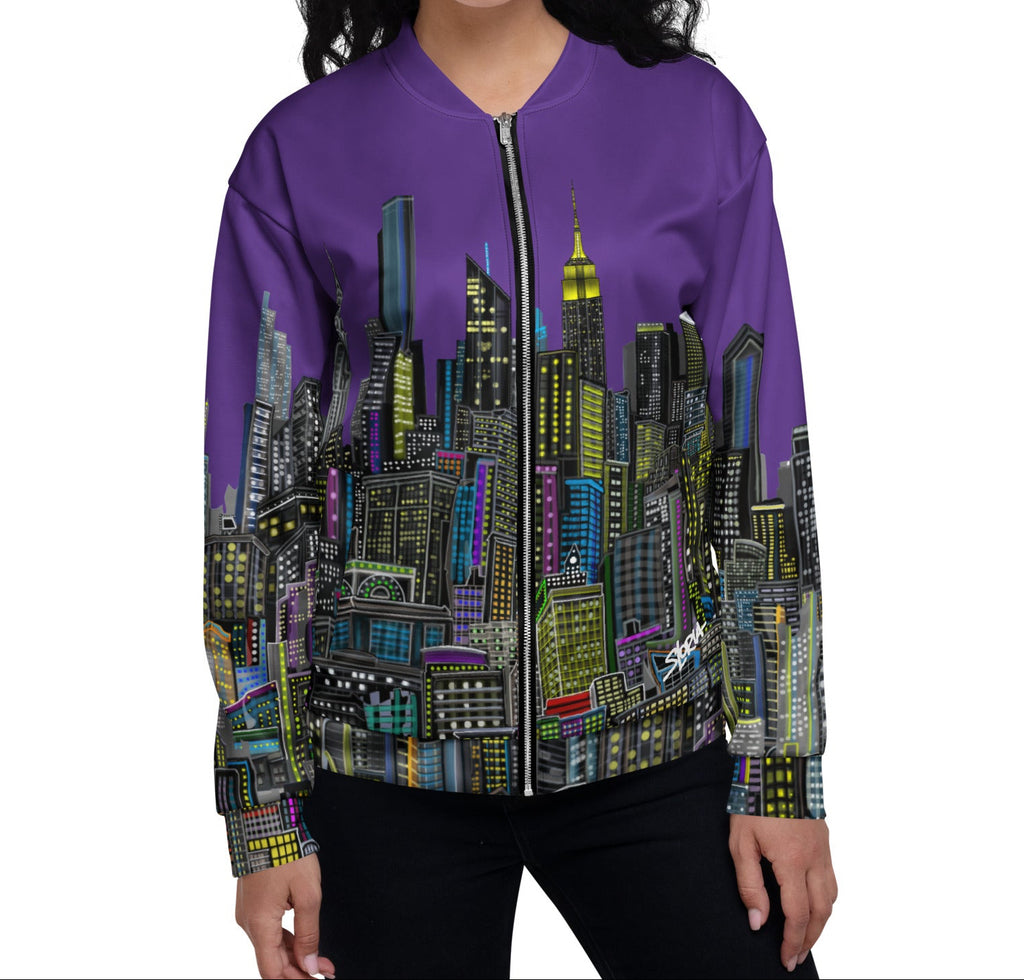 Front of Lady wearing a Purple jacket with a cityscape design by Loria NYC Art on a white background