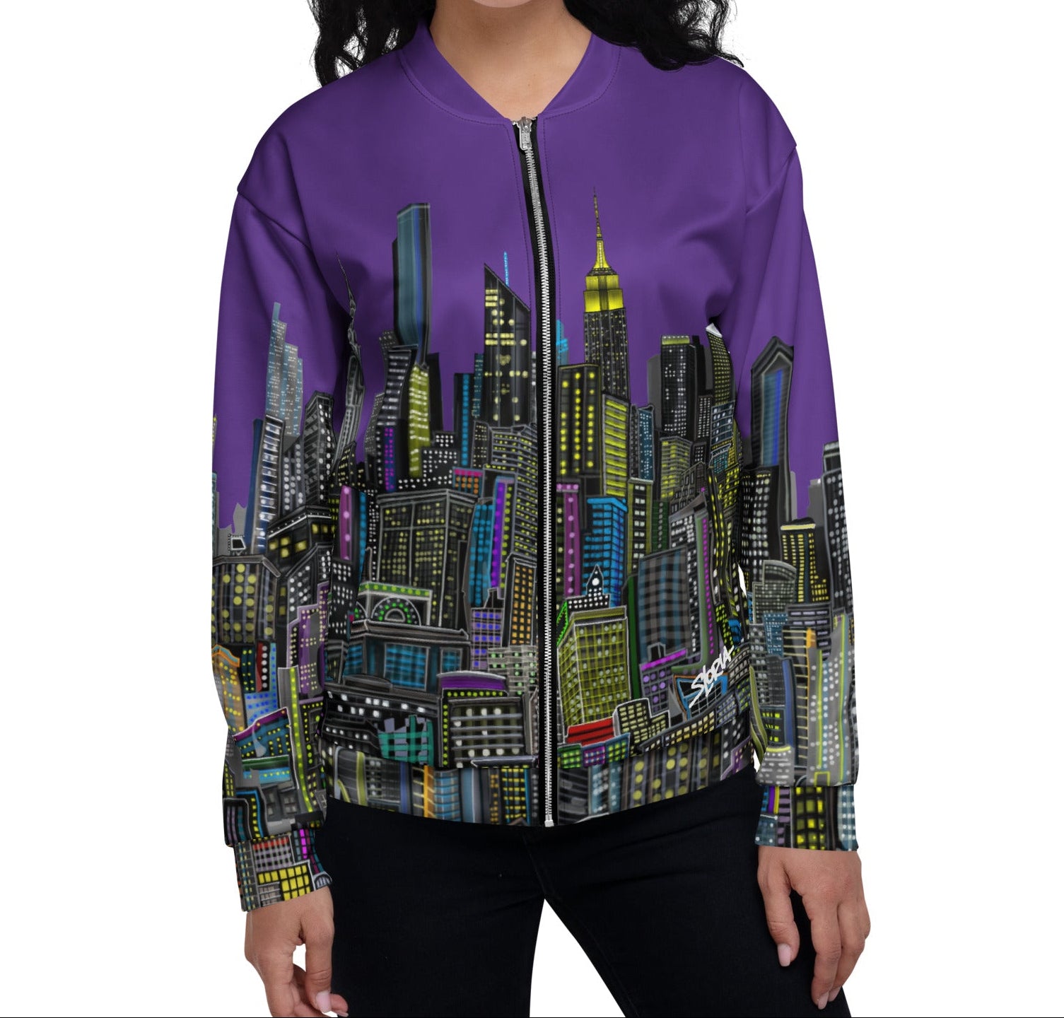 Front of Lady wearing a Purple jacket with a cityscape design by Loria NYC Art on a white background