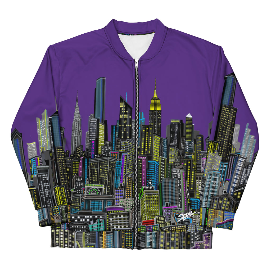 Front folded arm view of Purple jacket with a cityscape design by Loria NYC Art on a white background 