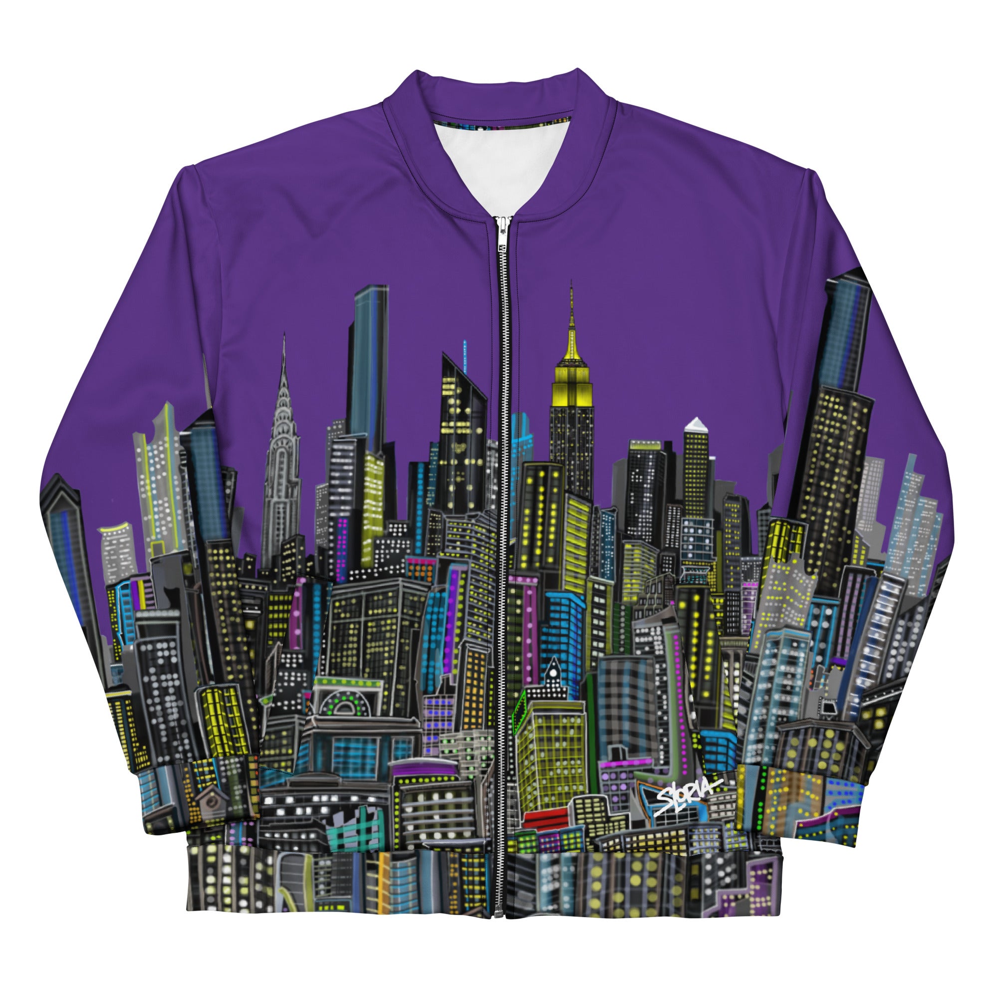 Front folded arm view of Purple jacket with a cityscape design by Loria NYC Art on a white background 