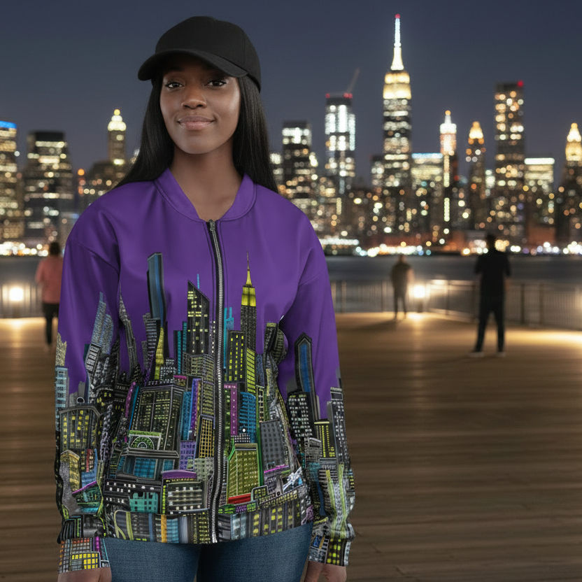Person wearing a colorful purple jacket with cityscape design by Loria NYC Art against a night-time city skyline.