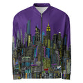 Purple jacket with a cityscape design by Loria NYC Art on a white background