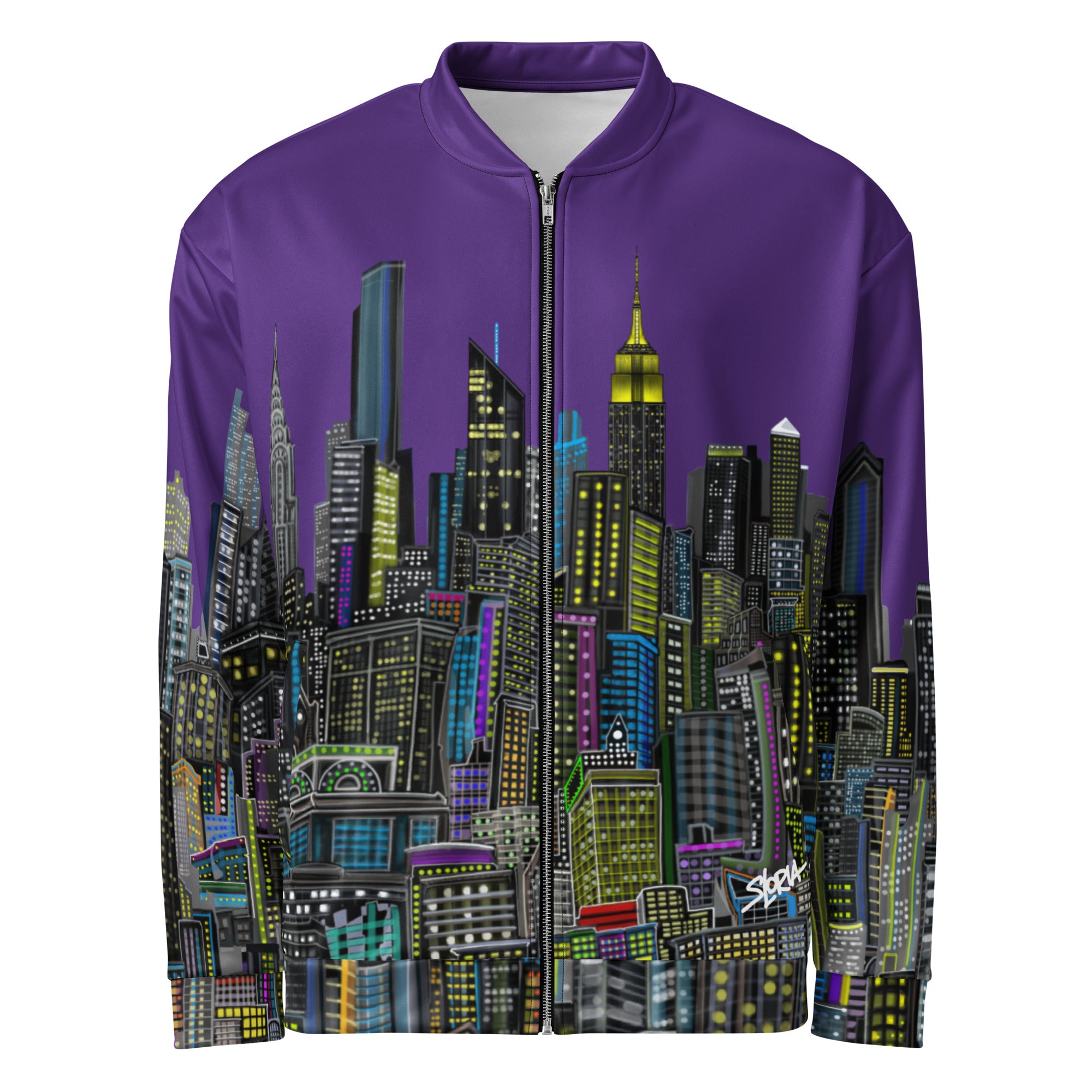 Purple jacket with a cityscape design by Loria NYC Art on a white background