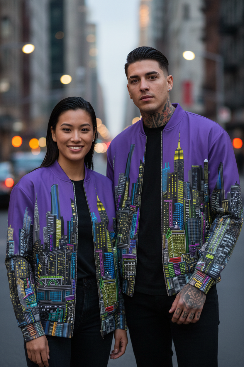 Two people wearing matching purple jackets with cityscape Loria NYC Art designs in an urban setting.