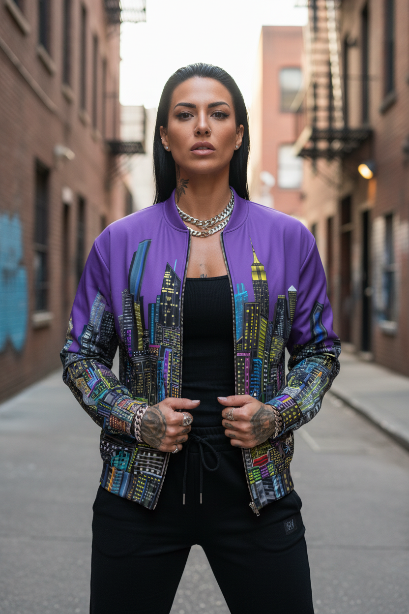 Person wearing a colorful jacket with cityscape Loria NYC Art design in an urban setting