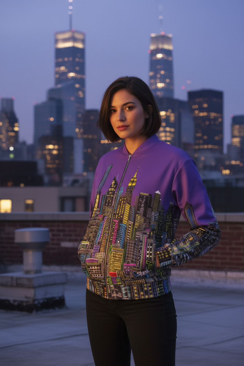 Person wearing a colorful Loria NYC Art cityscape jacket on a rooftop with city skyline in the background