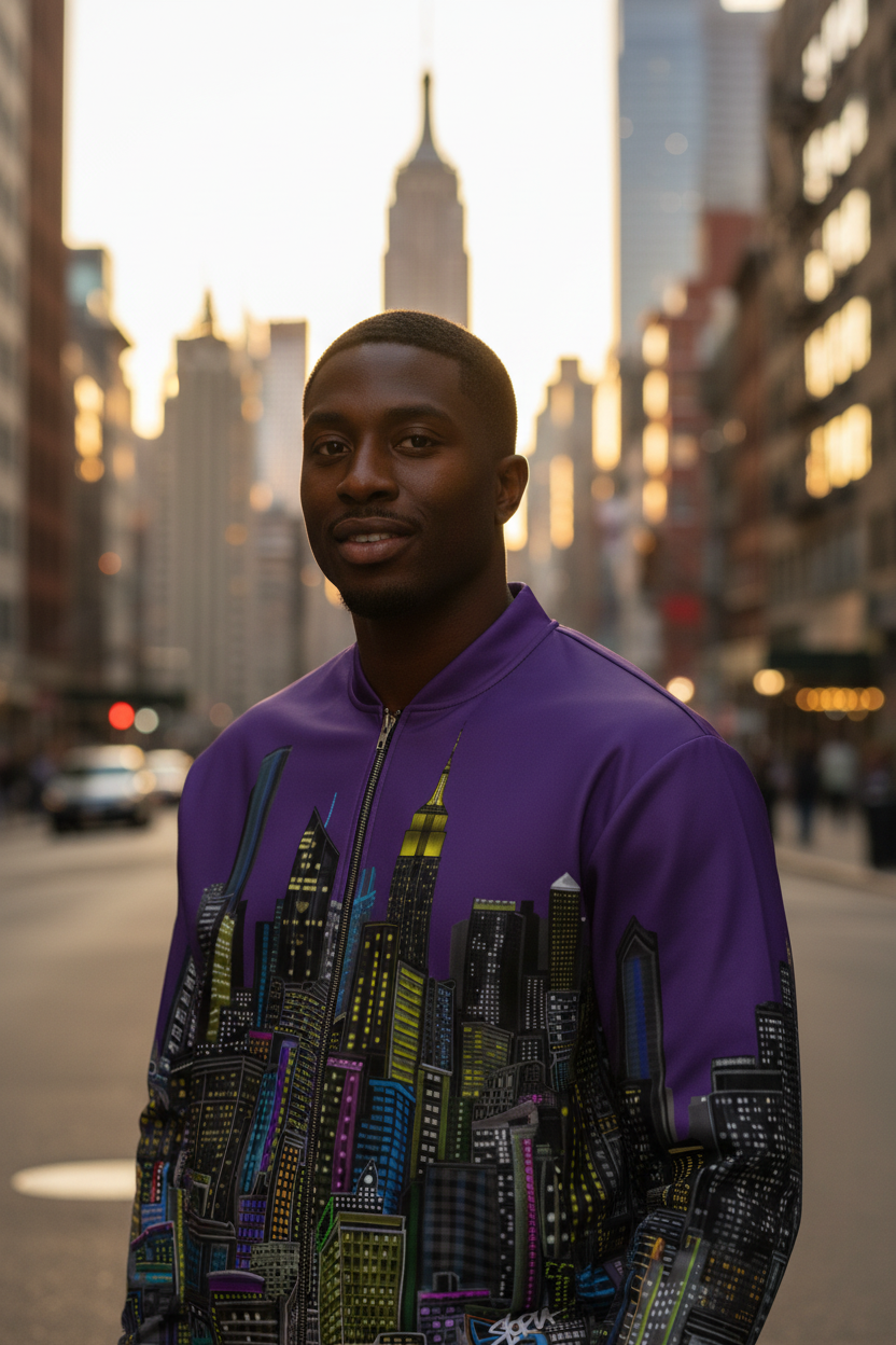 Man wearing a purple jacket with cityscape Loria NYC Art design on a city street