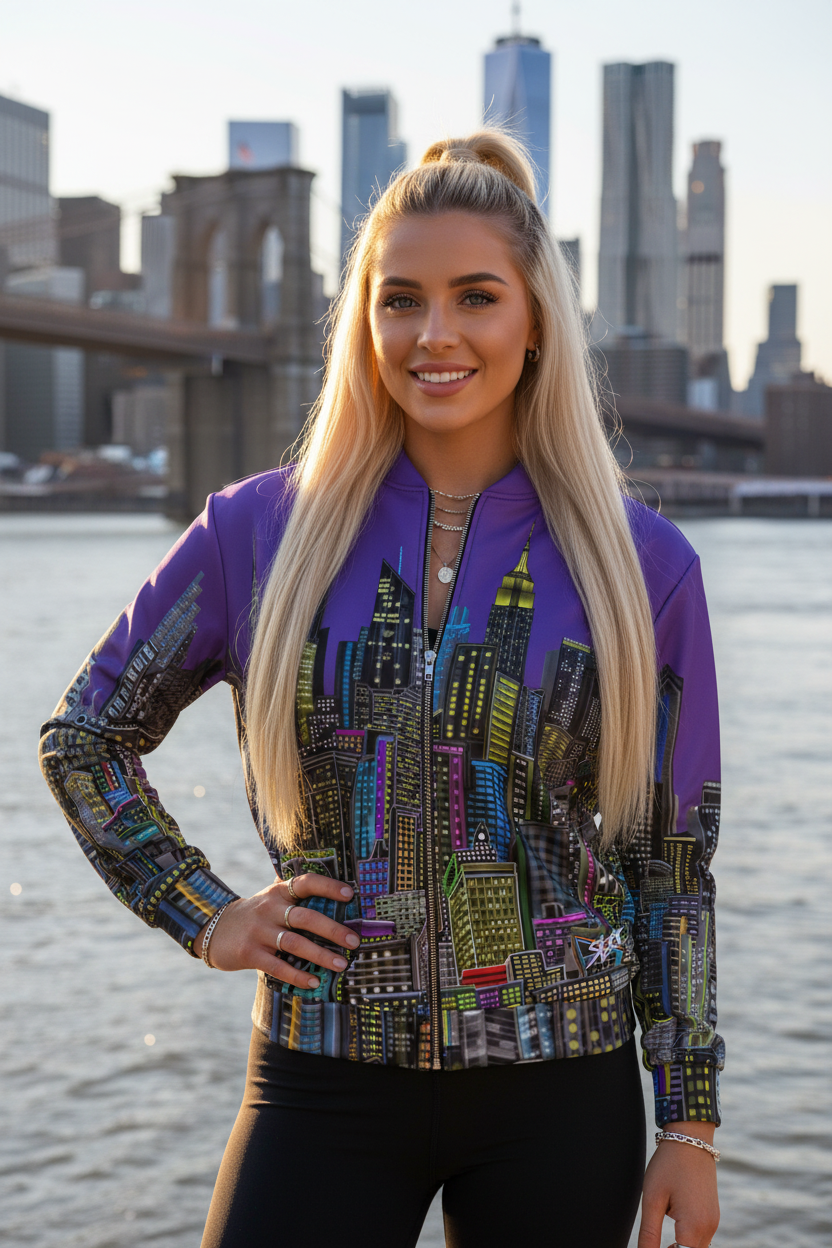 Woman wearing a colorful jacket with a cityscape Loria NYC Art design, standing by a waterfront with a city skyline in the background.