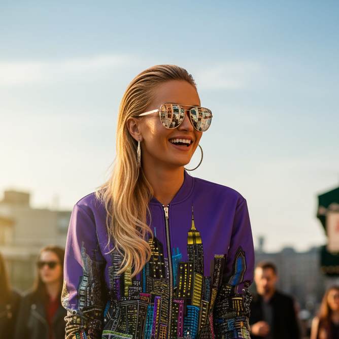 Women smiling outside wearing a purple Loria NYC Art jacket with cityscape design 