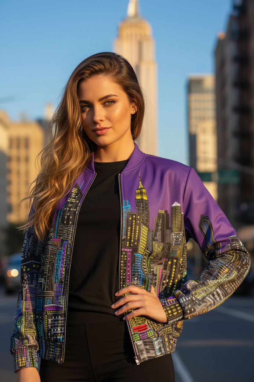 Women wearing a purple Loria NYC Art jacket with cityscape design against a skyline