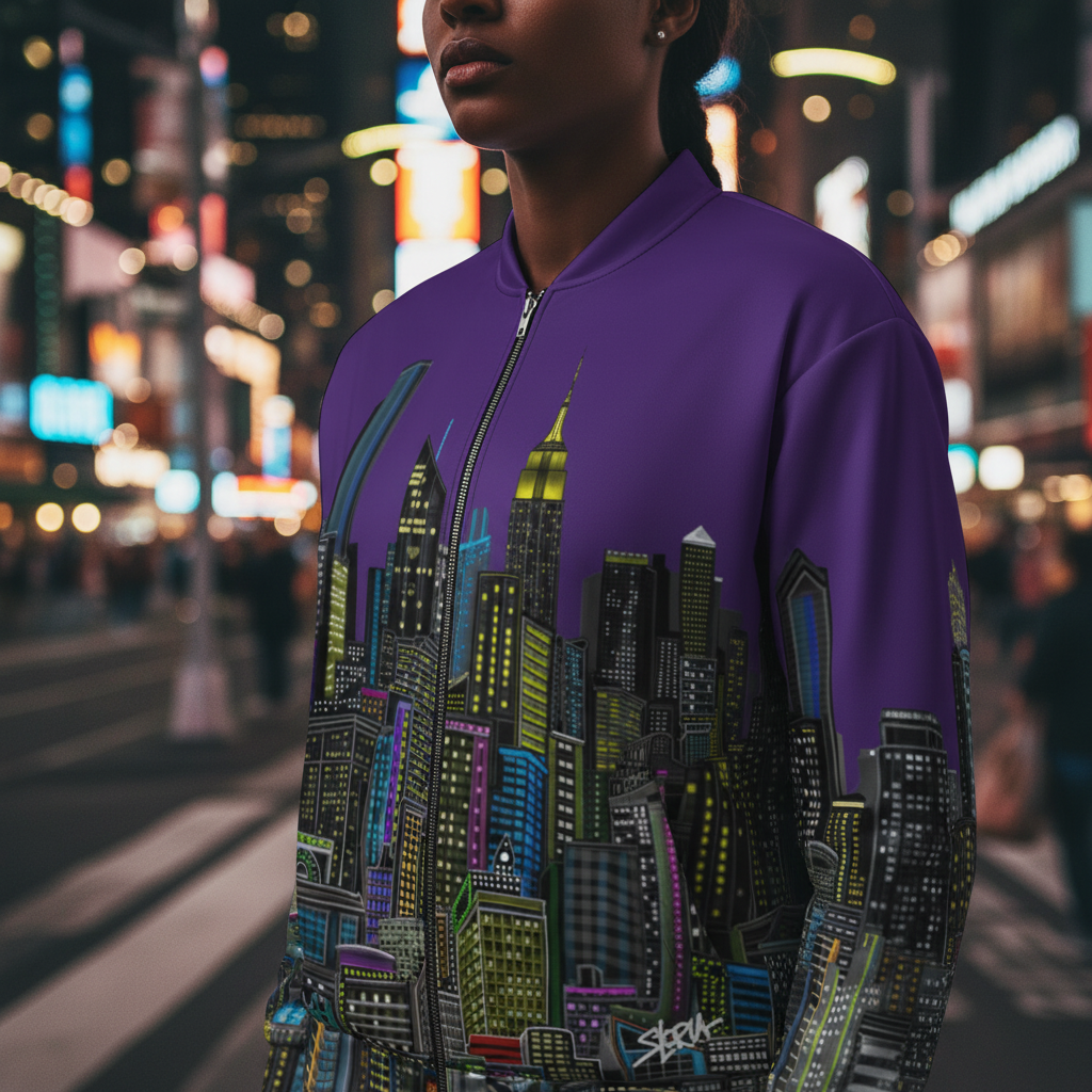 Person wearing a purple hoodie with a cityscape design by Loria NYC Art on a blurred city street at night.