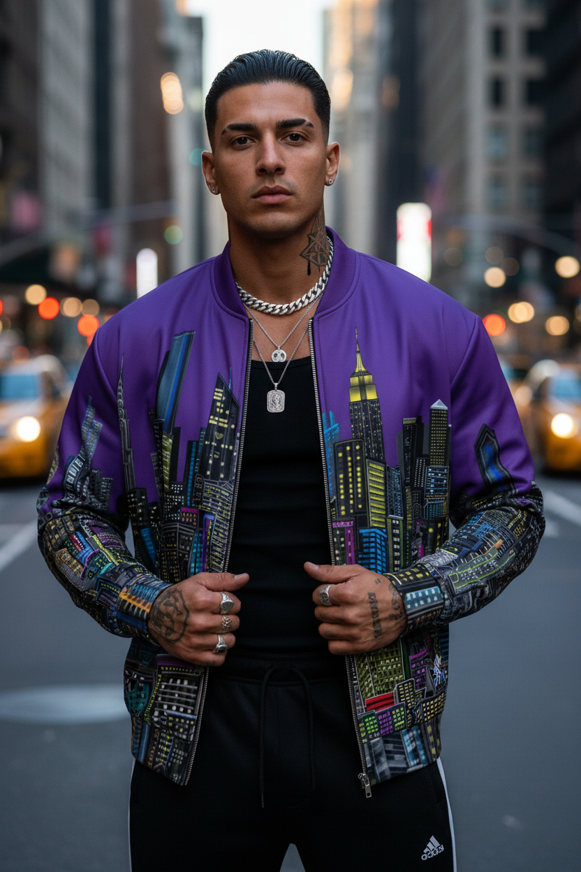 Man wearing a colorful Loria NYC Art jacket with cityscape design on a city street