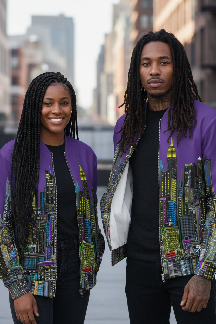Two people wearing purple Loria NYC Art jackets with cityscape designs in an urban setting.