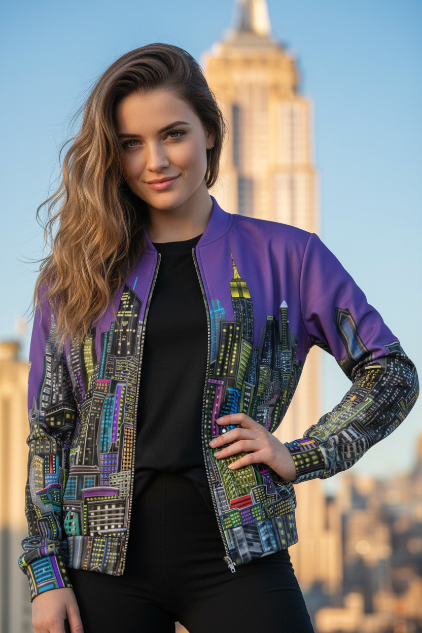 Woman wearing a colorful Loria NYC Art jacket with cityscape design against a blurred skyline