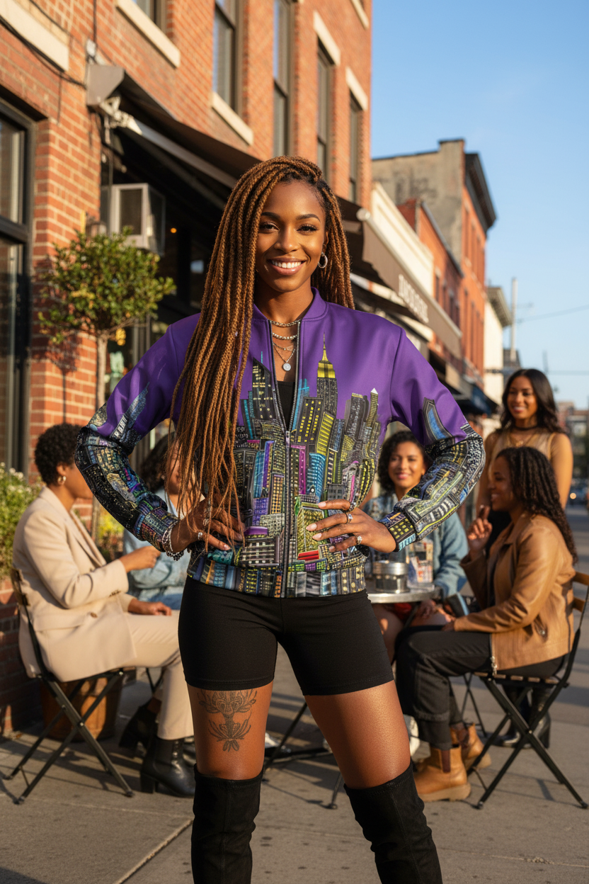 Women wearing a purple Loria NYC Art jacket in an urban setting