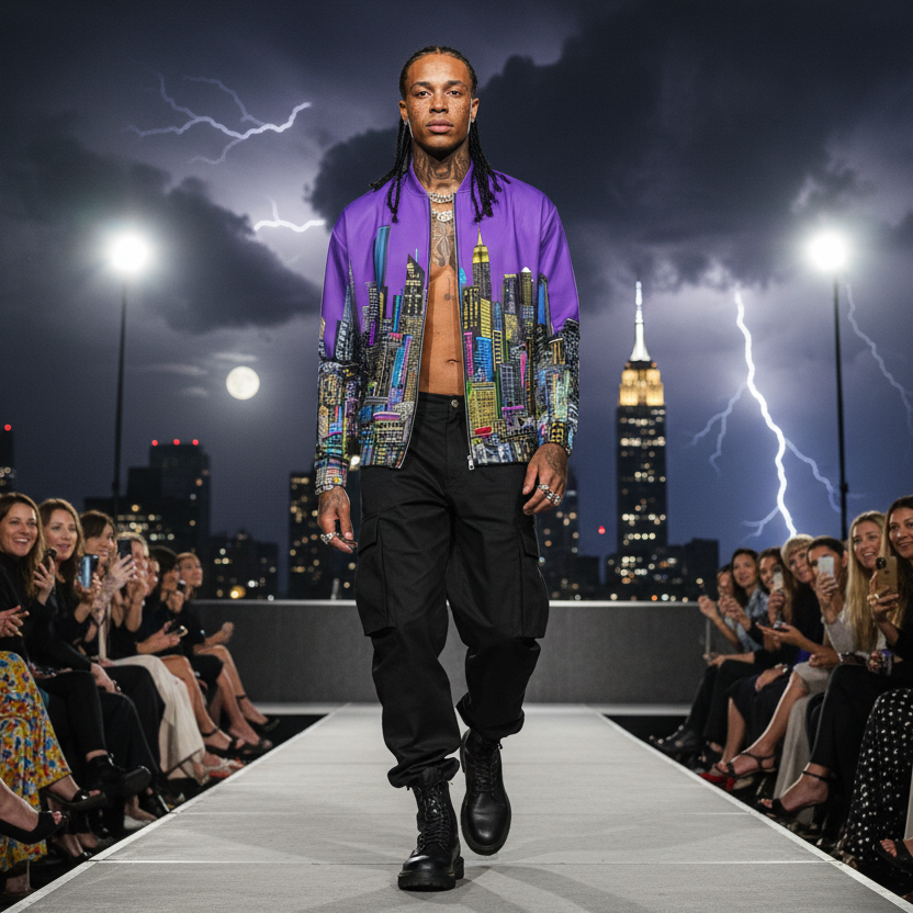  Fashion runway  with a model with black pants wearing a Skyline Loria NYC Art purple jacket 