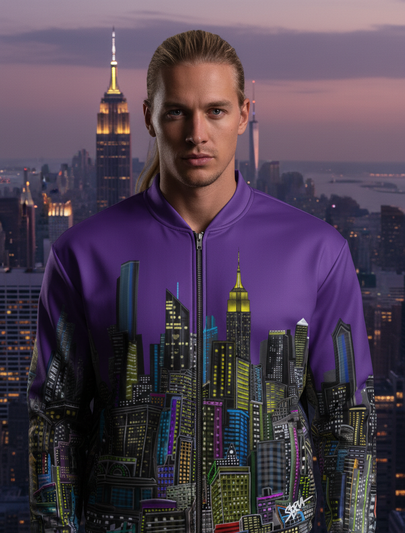 Person wearing a purple jacket with cityscape Loria NYC Art design against a city skyline backdrop