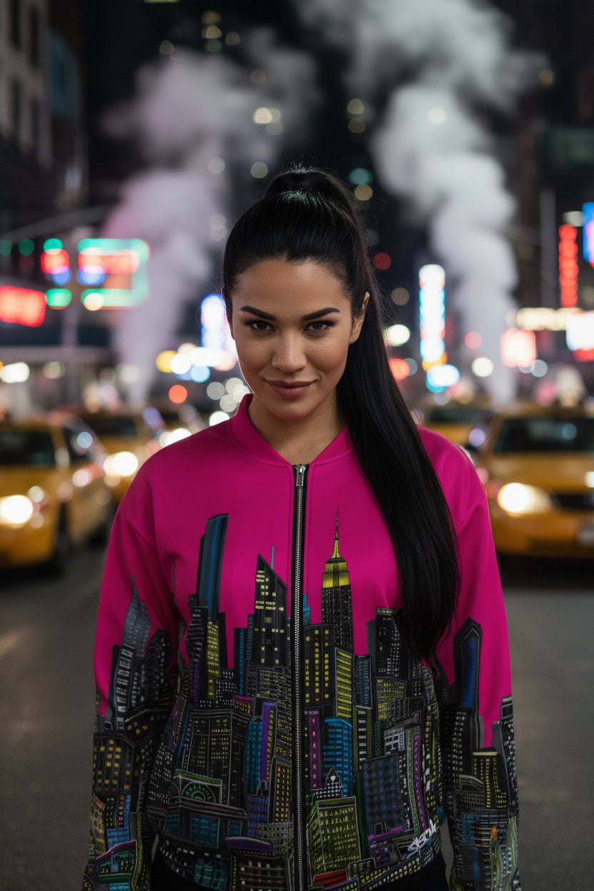 Side view of modeling girl in jacket with Fuchsia color design by Loria NYC Art on a urban background