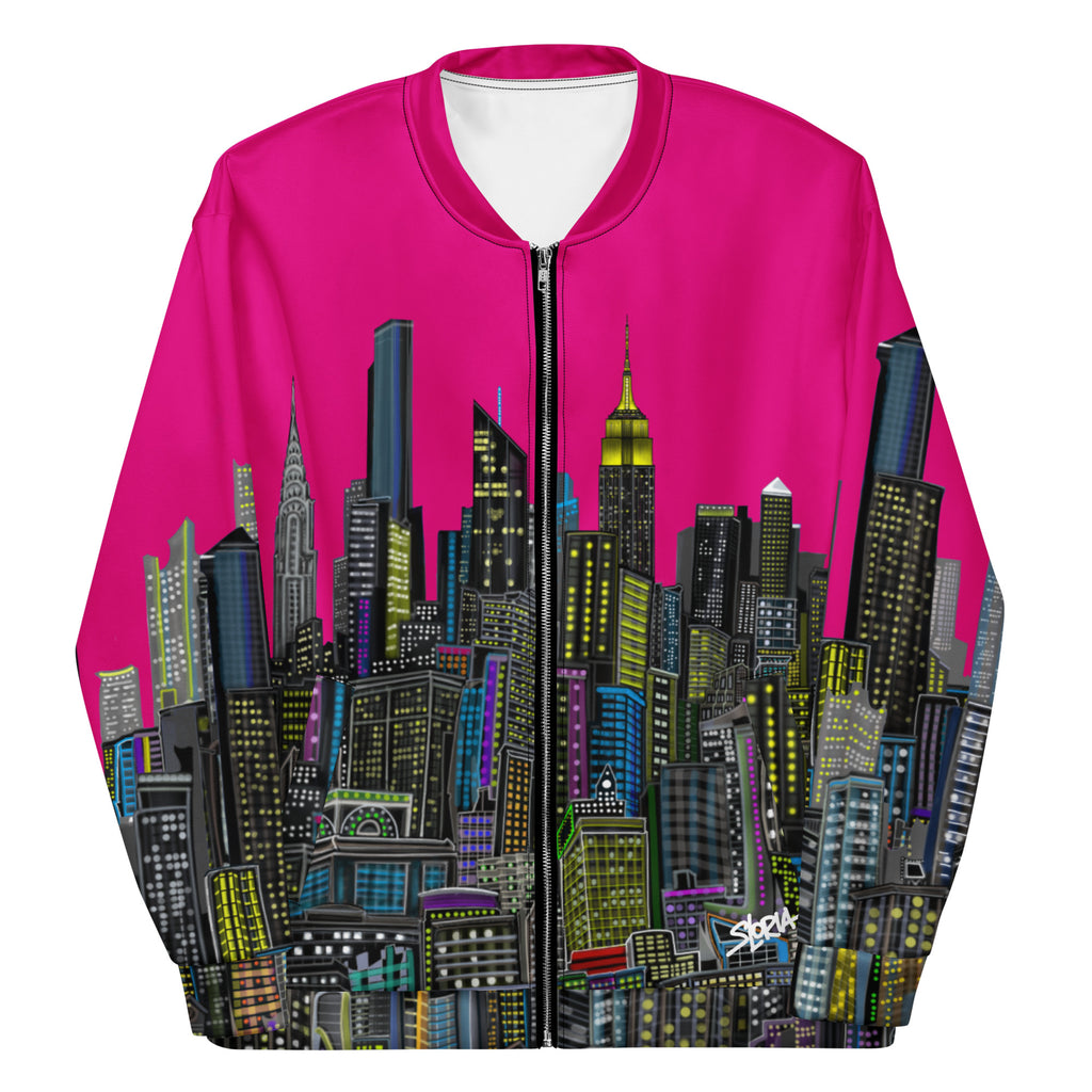 Folded arms of Hot Pink  jacket with a cityscape design by Loria NYC Art on a white background