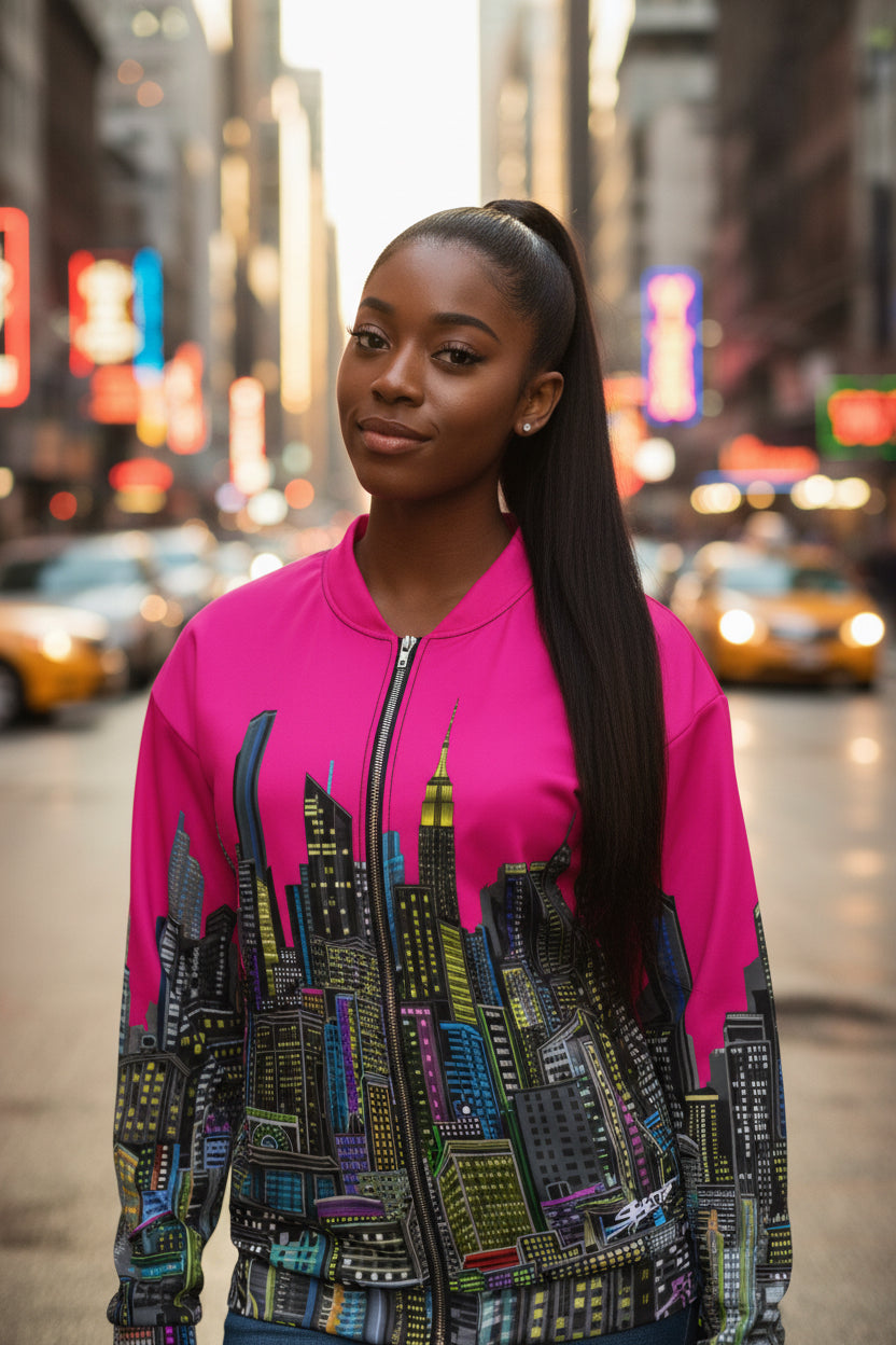 Lady wearing  jacket with Fuchsia color cityscape design by Loria NYC Art on a urban background