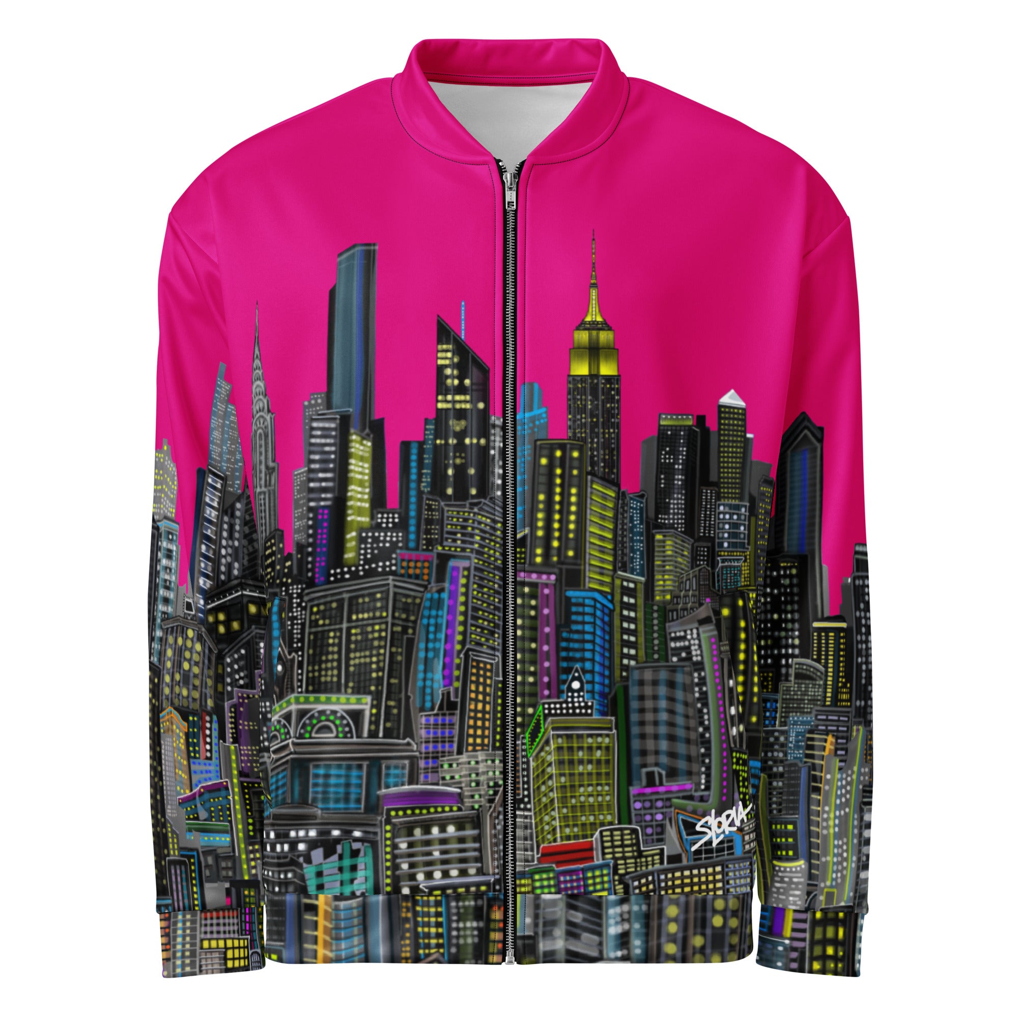 Hot Pink  jacket with a cityscape design by Loria NYC Art on a white background