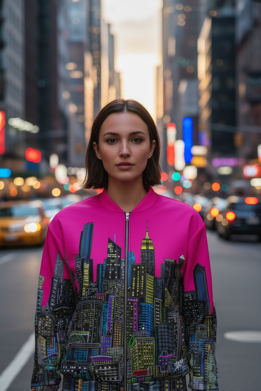 Girl in city streets wearing a fuchsia colored vibrant jacket created by Loria NYC Art