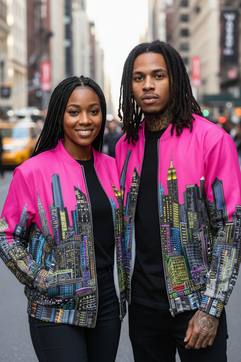 Two people wearing matching pink jackets with cityscape Loria NYC Art designs on a city street.