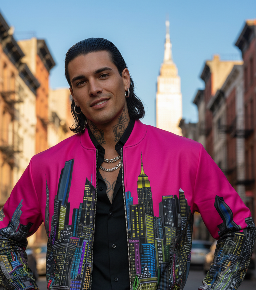 Person wearing a vibrant pink Loria NYC Art jacket with cityscape design in an urban setting