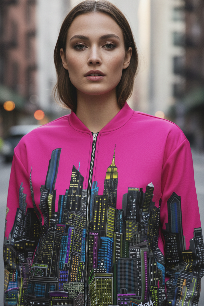 Woman wearing a pink jacket with a cityscape Loria NYC Art design on a blurred city street background
