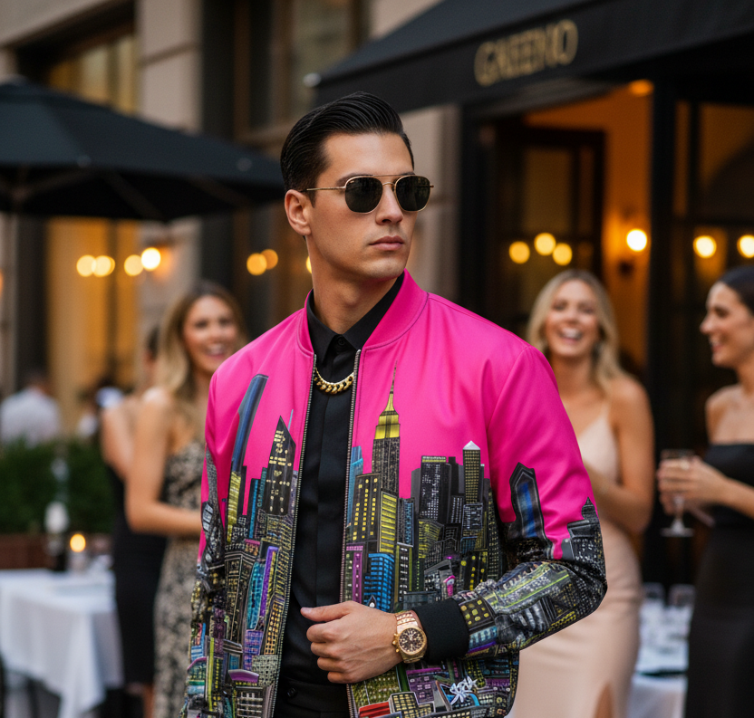 Man wearing a colorful Loria NYC Art jacket with cityscape design in an outdoor setting