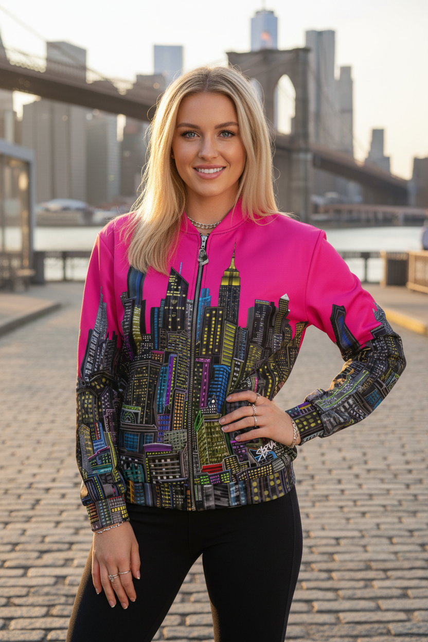 Woman wearing a colorful jacket with a cityscape Loria NYC Art design in an urban setting.
