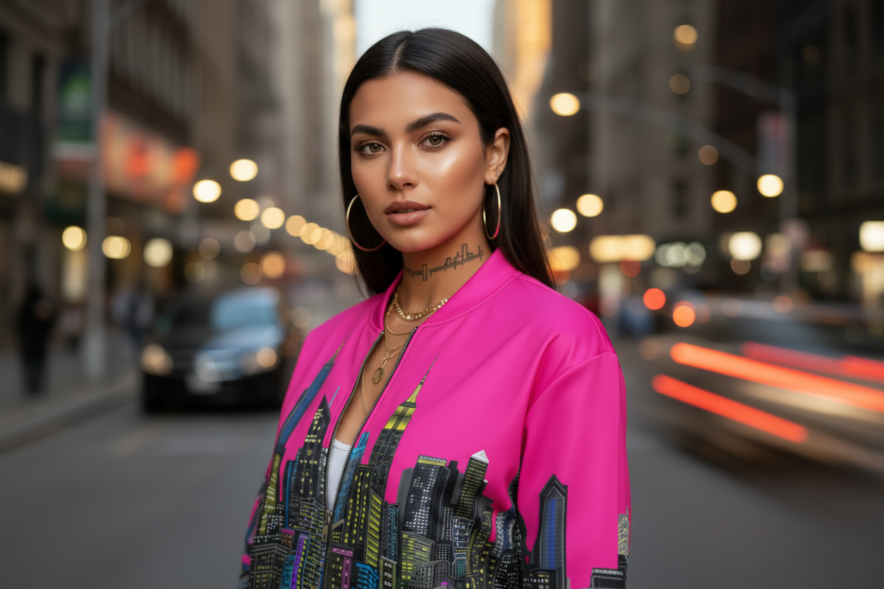Woman in a pink jacket with a cityscape Loria NYC Art design on a blurred city street background