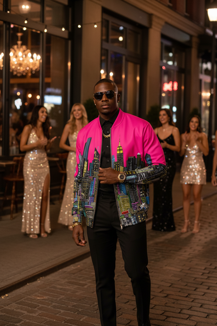 Man in a colorful Loria NYC Art jacket standing on a street with women in evening gowns in the background
