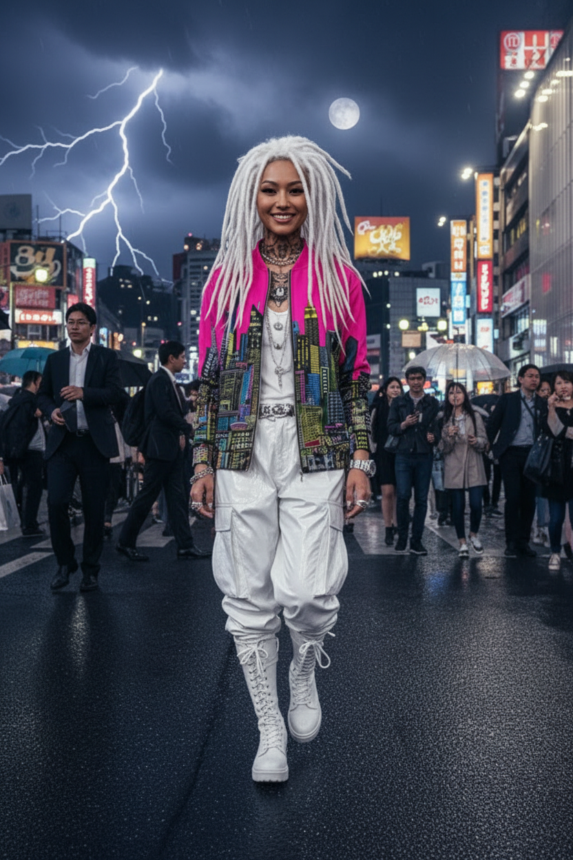 Person with white hair and colorful outfit walking through a busy city street at night wearing fuchsia jacket by Loria NYC Art.