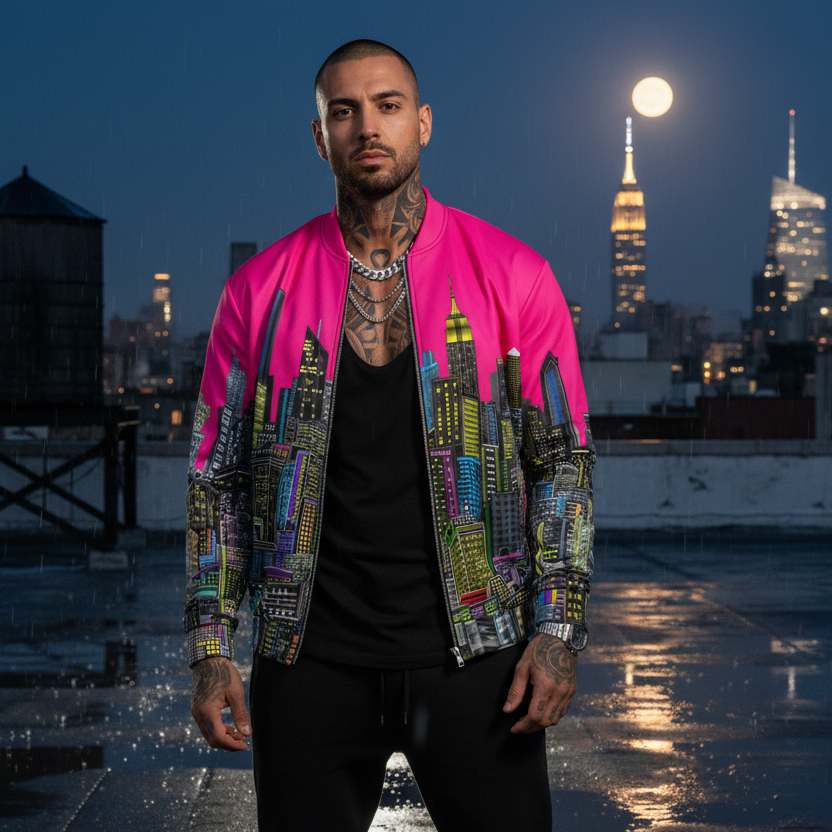 Man on roof posing in a fuchsia color jacket designed by Loria NYC Art