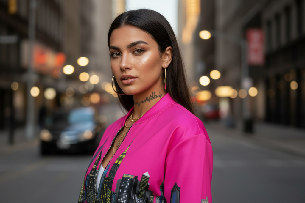 Woman in a pink jacket standing on a city street with blurred lights in the background