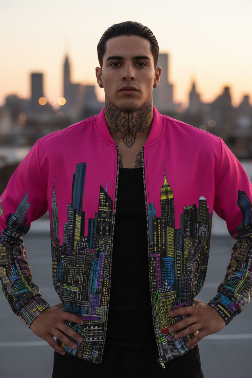 Person wearing a pink jacket with cityscape Loria NYC Art design against a blurred cityscape background
