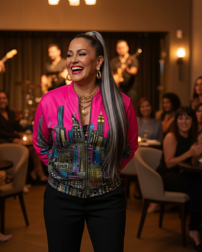 Woman in colorful outfit performing on stage with an audience in a dimly lit room with jacket designed by Loria NYC Art