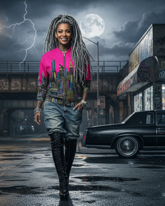 Woman walking in a dystopian urban setting with a car and store in the background wearing a jacket designed by Loria NYC Art