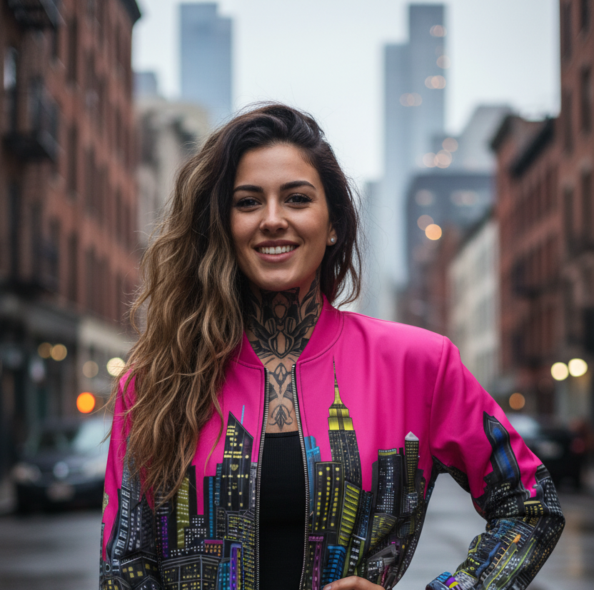Woman wearing a colorful Loria NYC Art jacket with a cityscape design on a city street.