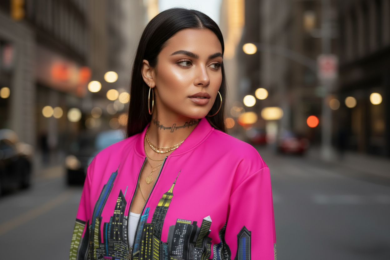 Woman in a bright pink Loria NYC Art jacket on a city street